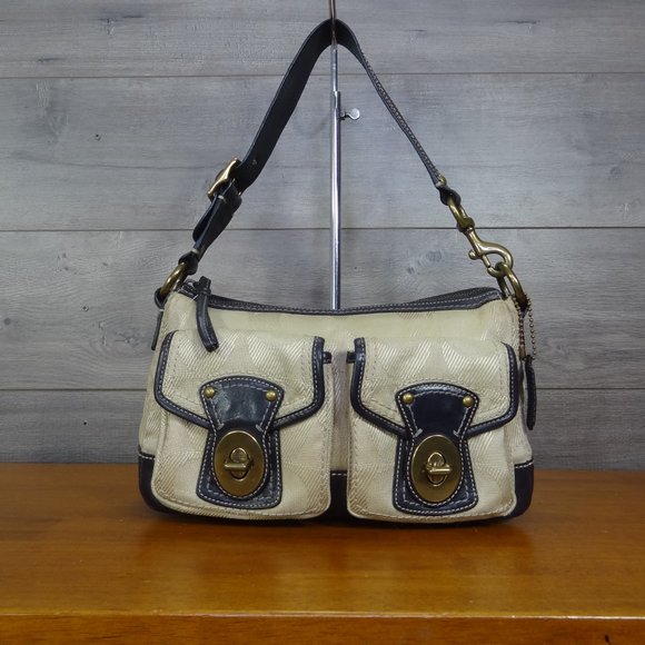 Coach Legacy F13102 Leather Beige Black Canvas Shoulder Bag Handbag Purse Tote